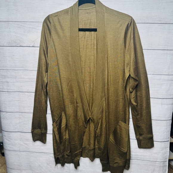 EILEEN FISHER Cardigan Silk Cotton Draped Open Front Lightweight Brown Large - Picture 1 of 5